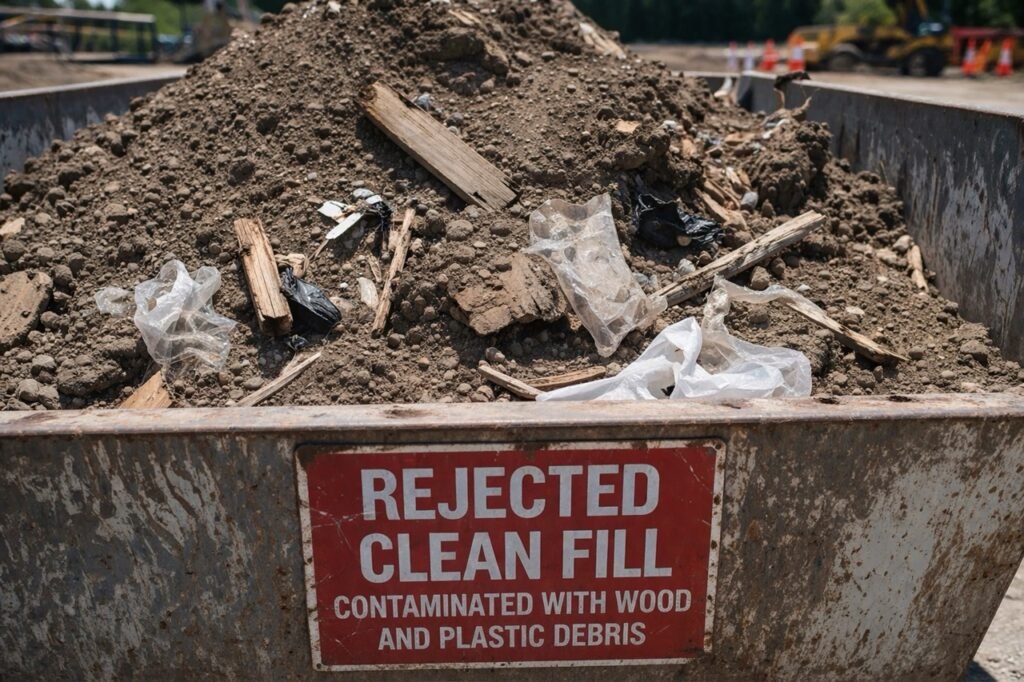 Rejected clean fill bin showing contamination from wood and plastic debris