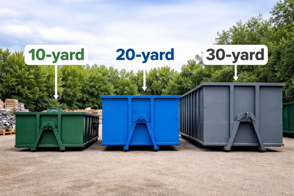 Different sized roll-off bins lined up showing 10, 20, and 30 yard options