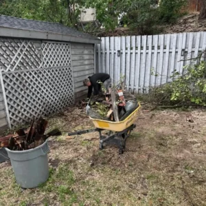Storm debris cleanup with branches and yard waste being removed from a Kamloops property